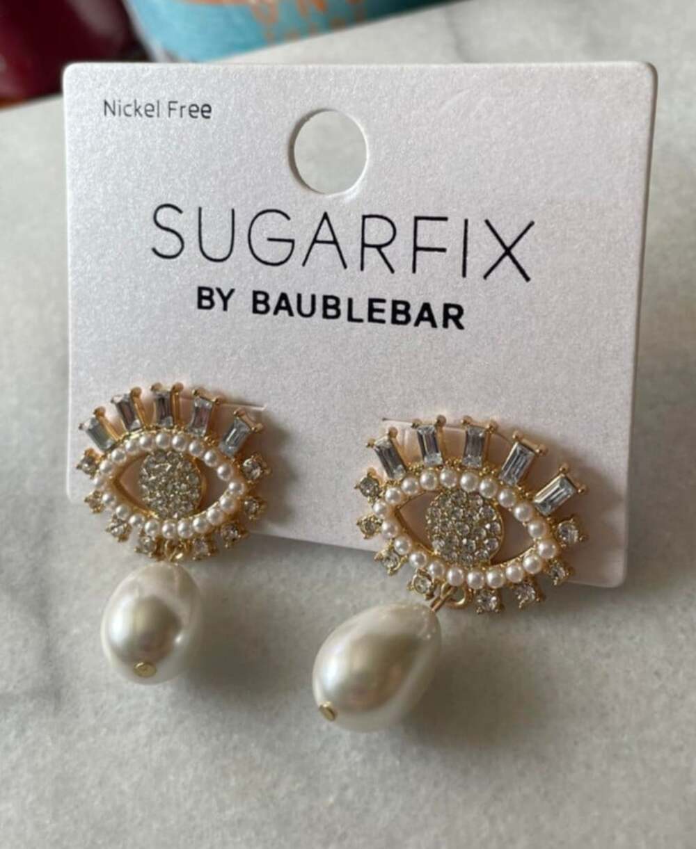 Sugarfix BaubleBar Evil Eye Dangle Earrings Faux Pearl Crystal Jeweled Gold Tone